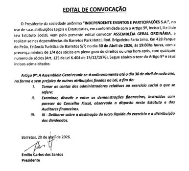 Assembleia agendada para o dia 30 de abril  