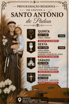 A Comunidade Santo Antônio de Pádua, do bairro Derby Club, pertencente à Paróquia do Bom Jesus, inicia hoje (11) a festa do padroeiro.