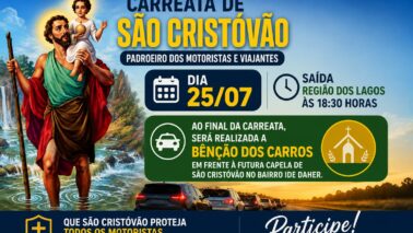 A tradicional Carreata de São Cristóvão está agendada para o dia 25 de julho, com saída às 18h30 da Região dos Lagos e bênção dos veículos na Rua C-30, em frente ao cruzeiro da futura capela dedicada ao padroeiro.