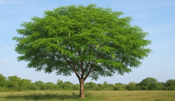 A leucena é uma árvore de origem mexicana que foi introduzida no Brasil para a alimentação do gado em pastagens.