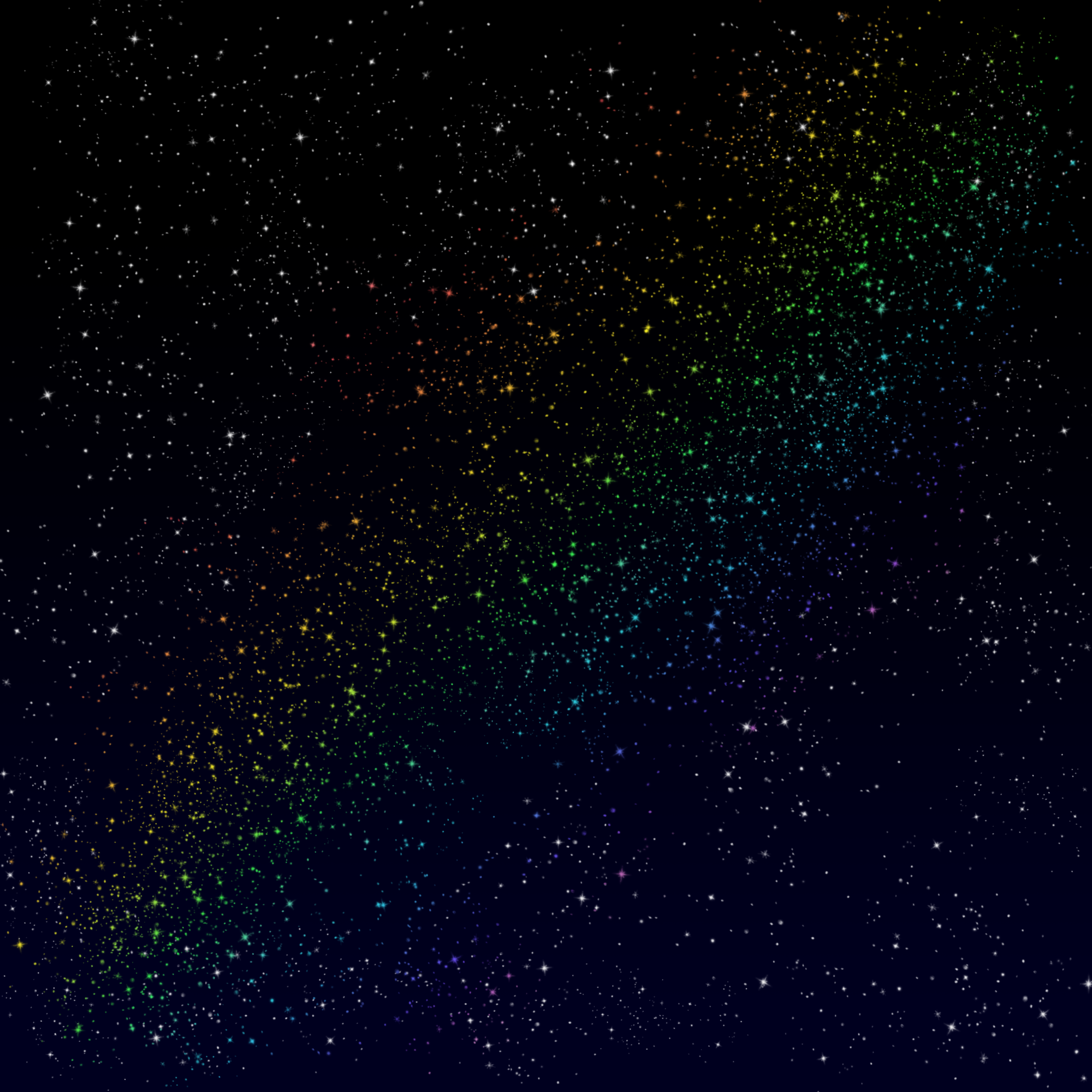 Um fundo degradê entre preto e azul com várias estrelas brancas. Uma faixa diagonal de estrelas está em um degradê arco-íris nas doze cores da bandeira MOGAI (sem contar P/B/cinza), e as estrelas estão mais concentradas nesta região.