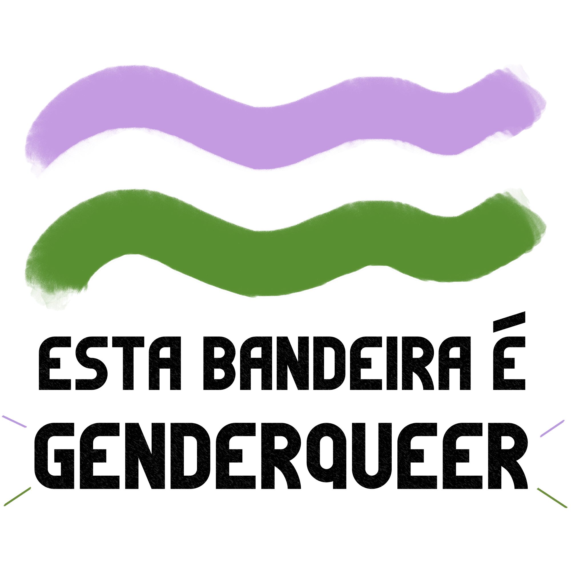 Faixas curvas nas cores lavanda, branca e verde seguidas do texto 'esta bandeira é genderqueer'. A última destas palavras fica na linha de baixo e é cercada de linhas curtas que também estão nas mesmas cores.