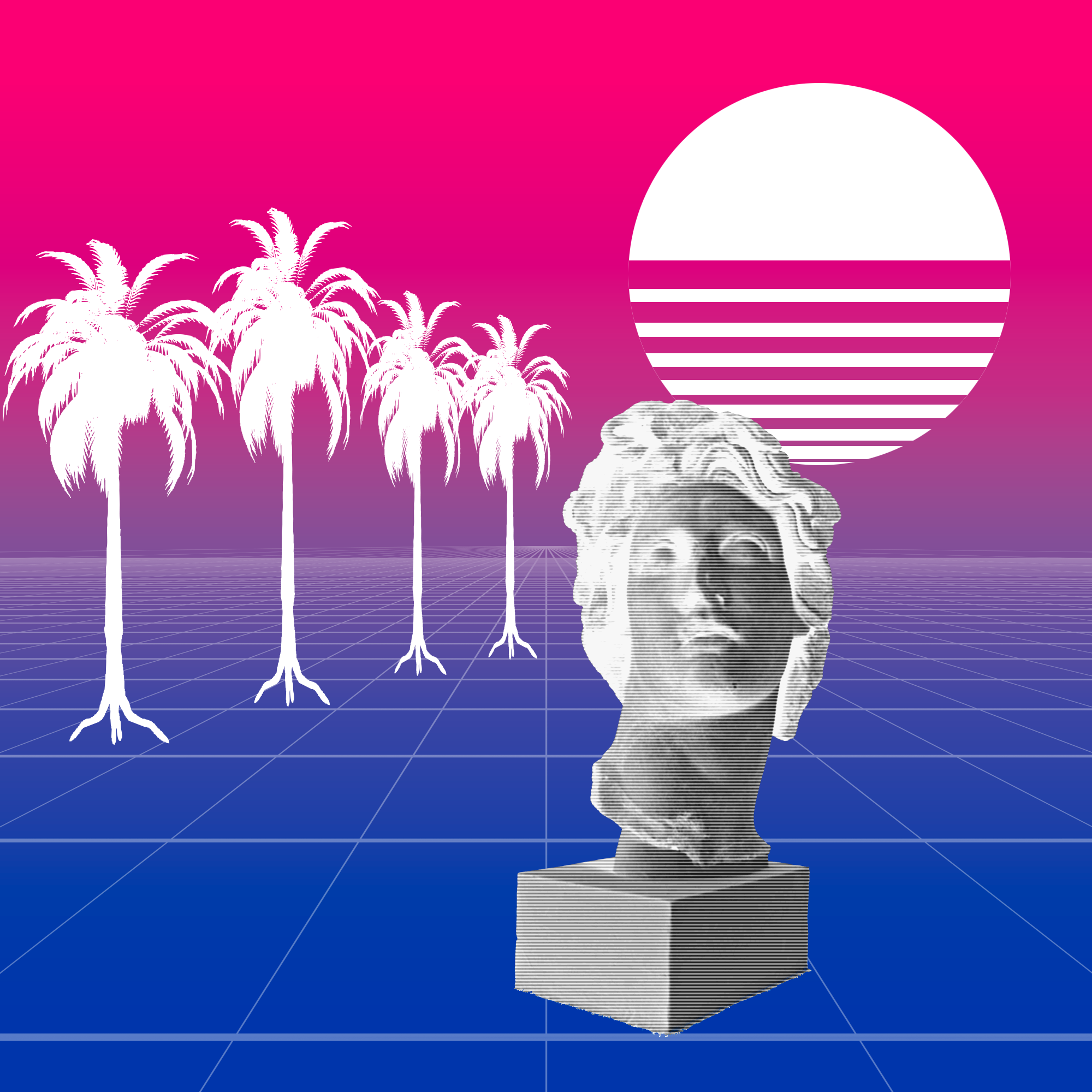 Um fundo de degradê rosa/roxo/azul com um chão quadriculado, um sol estilizado em um canto, silhuetas de palmeiras em outro canto e um busto de Davi preto-e-branco e com um filtro quadriculado na frente.