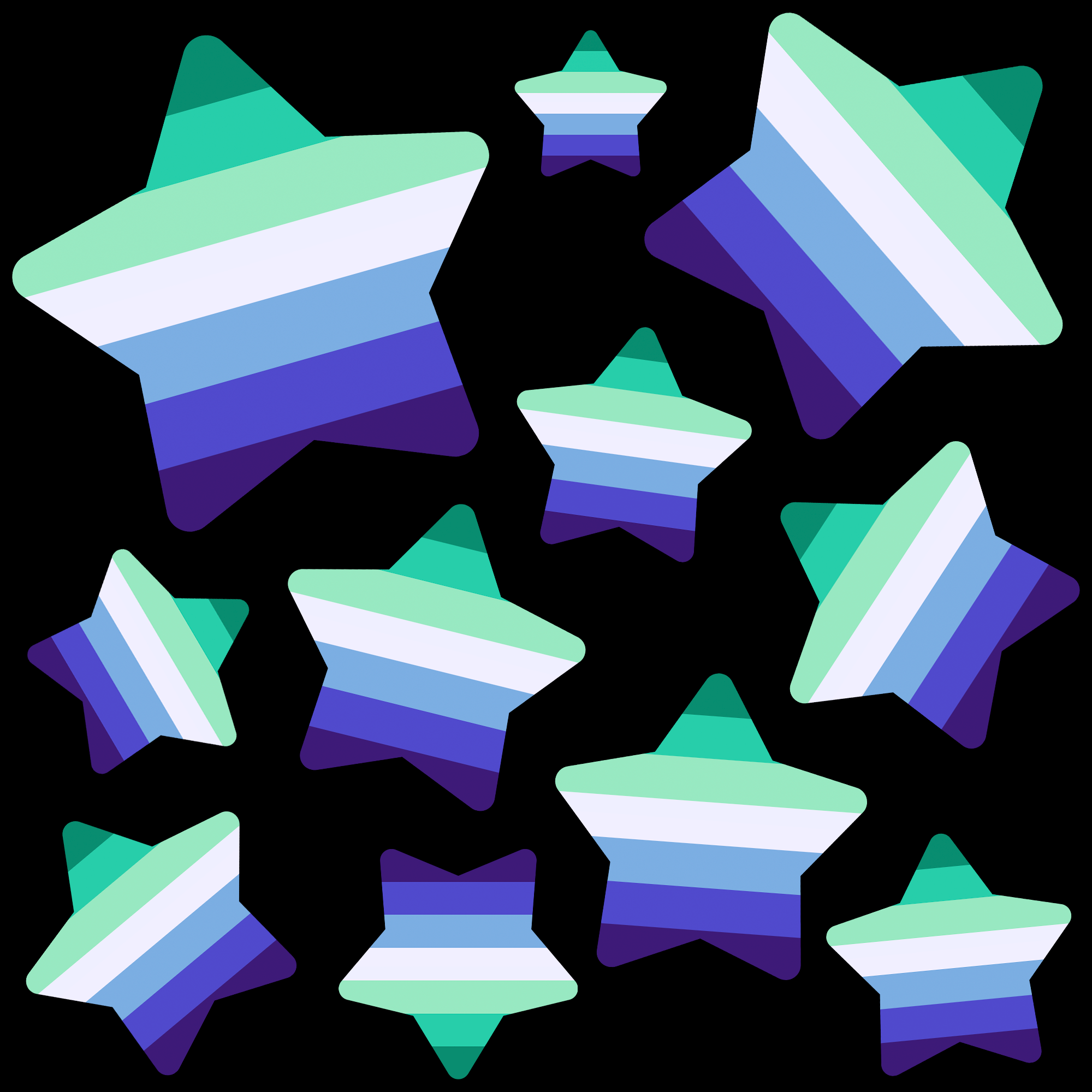 Várias estrelas de cinco pontas em ângulos em tamanhos diferentes na frente de um fundo preto. As estrelas possuem faixas nas seguintes sete cores: turquesa, esmeralda, verde água, branca, azul pálida, azul real e índigo.