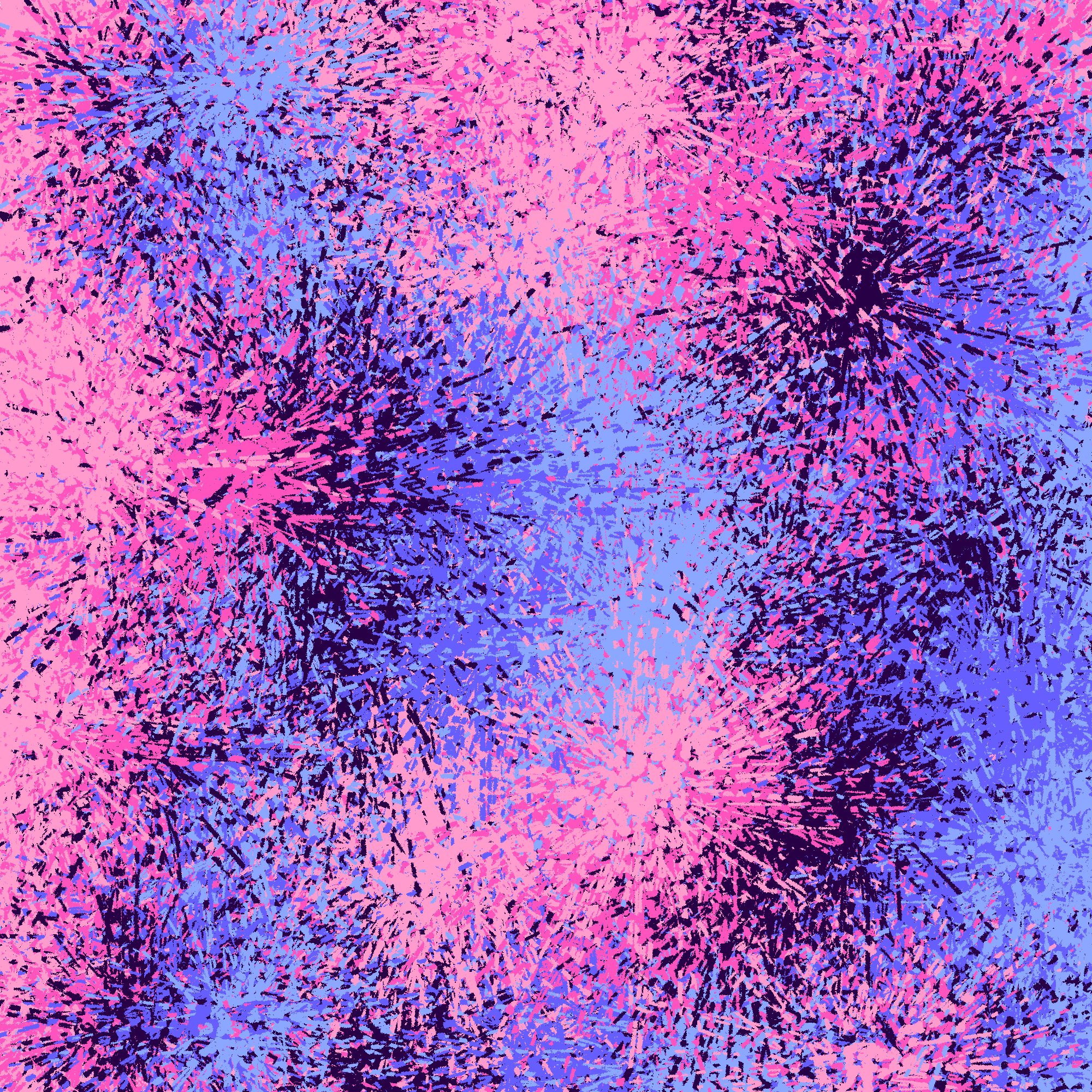 Várias pinceladas virtuais em formato vagamente reminiscente de fogos de artifício de forma que é impossível ver um fundo, em dois tons de rosa, dois tons de azul e um tom índigo.