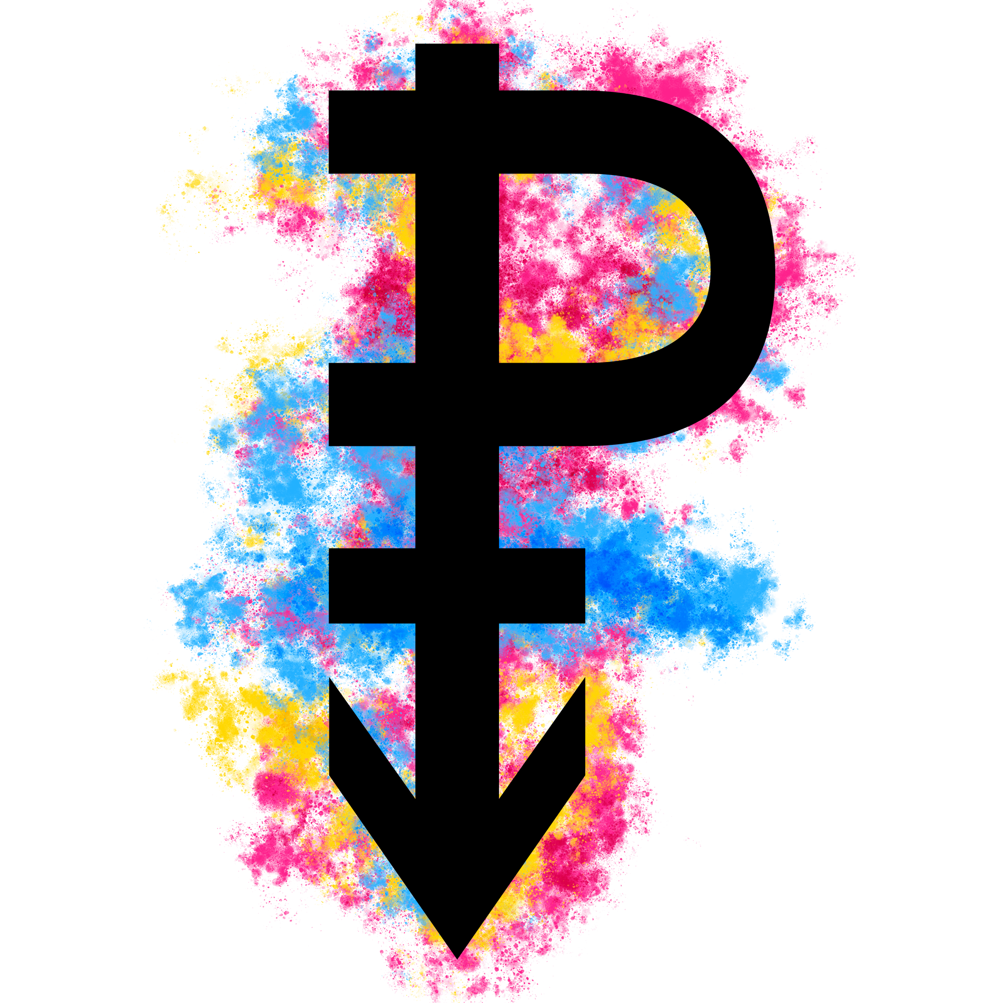 Símbolo composto por uma flecha para baixo cruzada pelo que parece ser uma letra U de lado e por uma barra curta como a de um símbolo de Vênus, formando uma letra P estilizada, na frente de manchas nas cores rosa, amarela e azul.