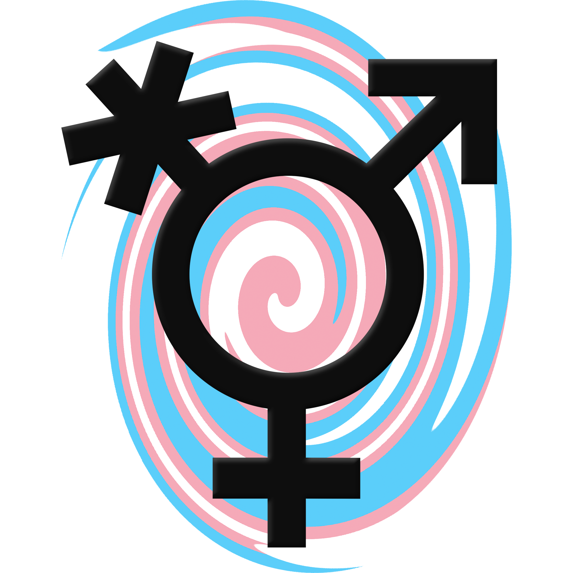 Símbolo trans (com asterisco não-binário numa ponta, símbolo de Marte em outra ponta e símbolo de Vênus pra baixo) em cor preta, por cima de um redemoinho composto por faixas azul/rosa/branca/rosa/azul.