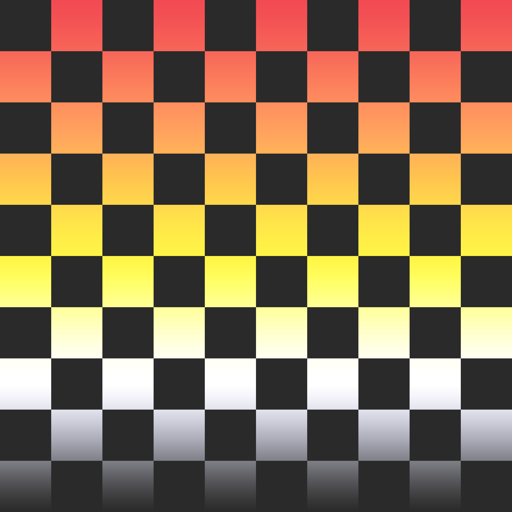 Padrão quadriculado alternado entre quadrados cinza escuros e um degradê horizontal cujas cores centrais são vermelha, laranja, amarela, branca e cinza escura.