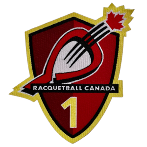 Level one badge, which shows a racquet with a maple leaf, "1" for the level of the badge and the words Racquetball Canada.