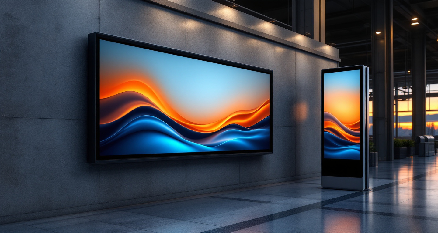 A transit concourse at dusk with a wall display and a totem showing abstract gradients