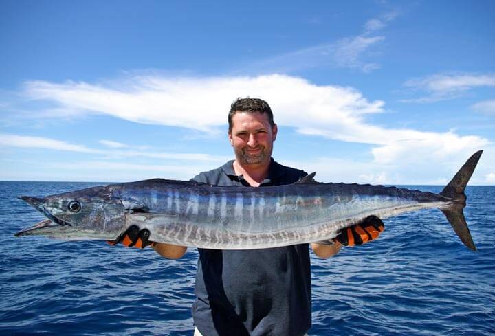 A man wearing orange gloves holds a large, striped fish with a pointed snout, standing on a boat with the ocean and a blue sky with clouds in the background.