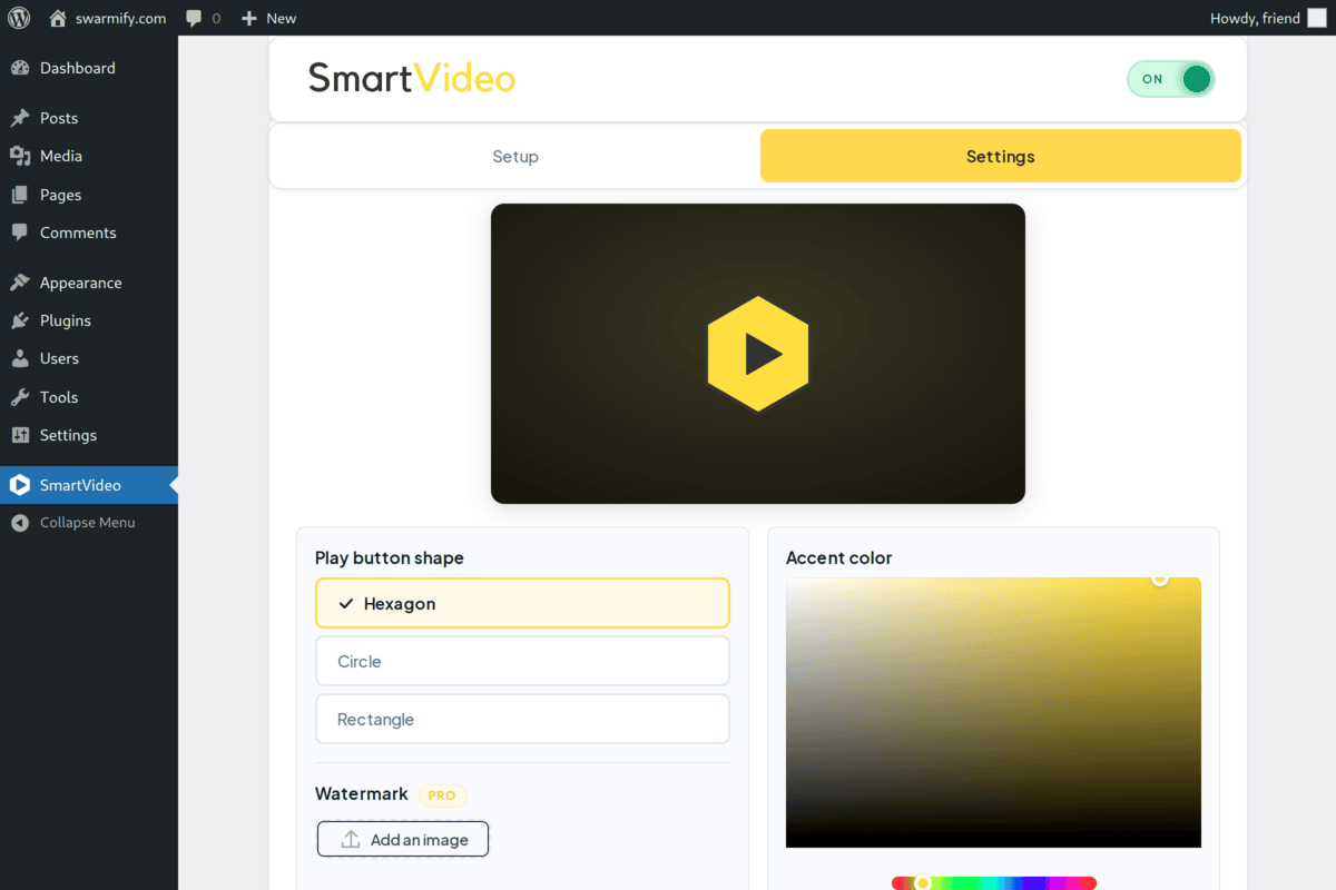 The SmartVideo plugin Settings tab with the Play button shape selector and Accent color picker