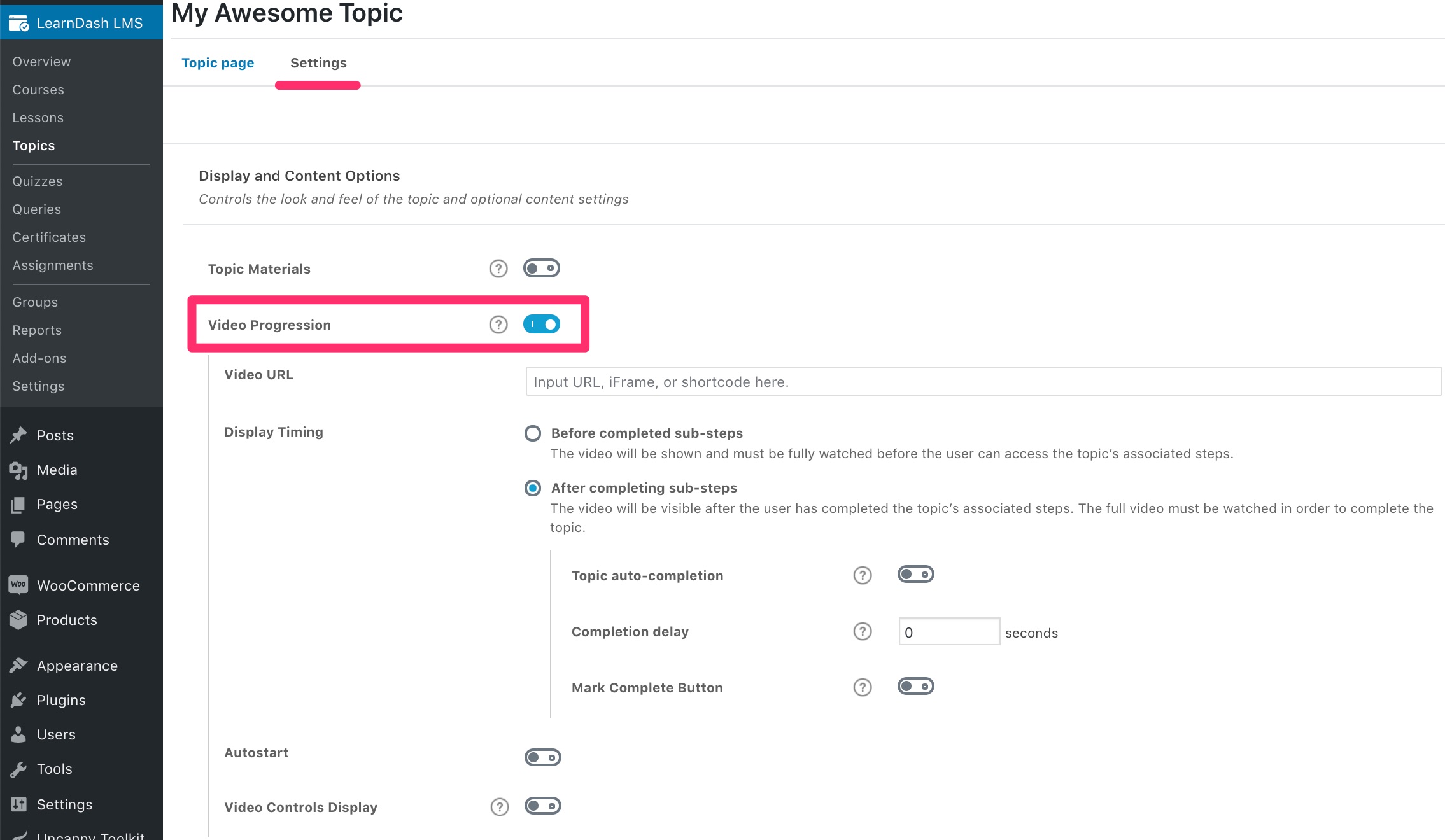 LearnDash video progression admin settings