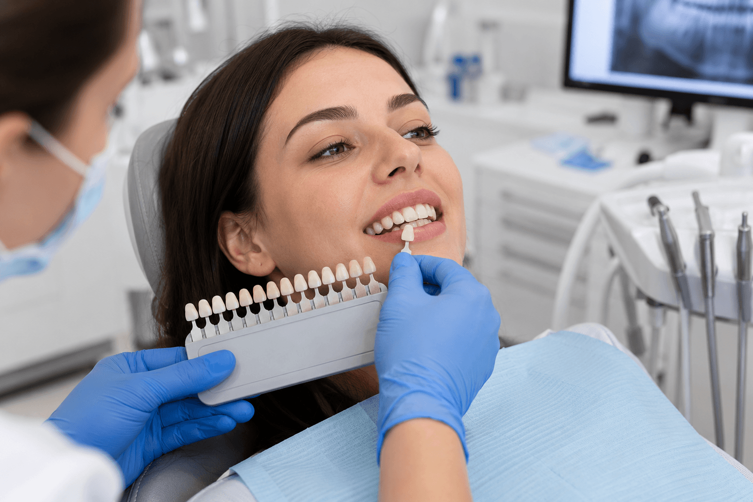Dental professional comparing a patient's baseline tooth shade with a shade guide before teeth whitening