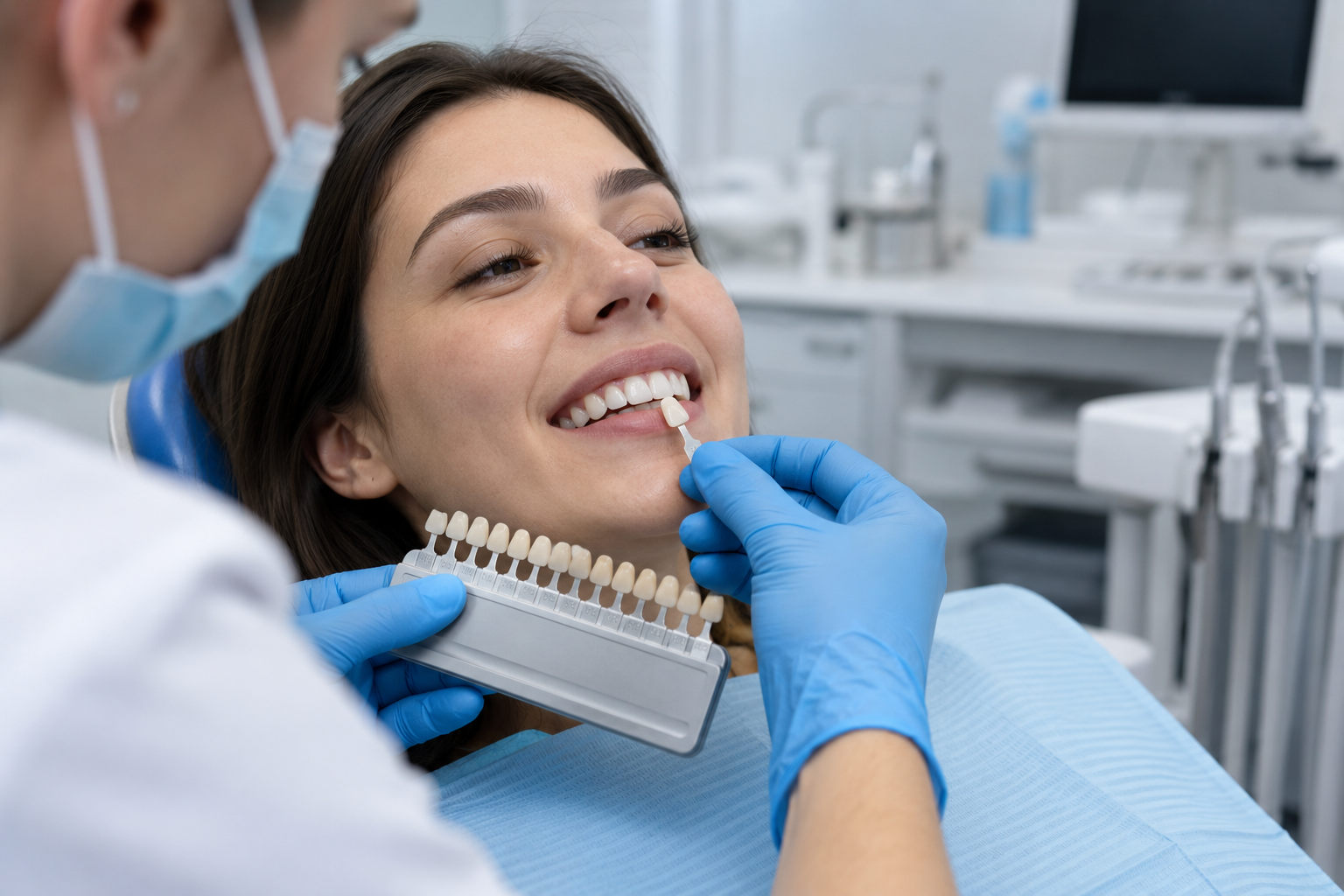 Dentist assessing natural tooth shade and intrinsic discolouration before whitening treatment