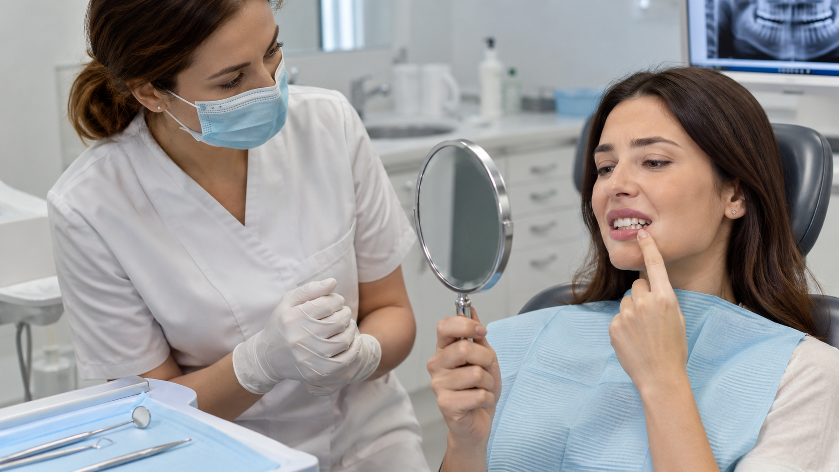 Dentist checking an uneven and patchy teeth whitening result with a patient