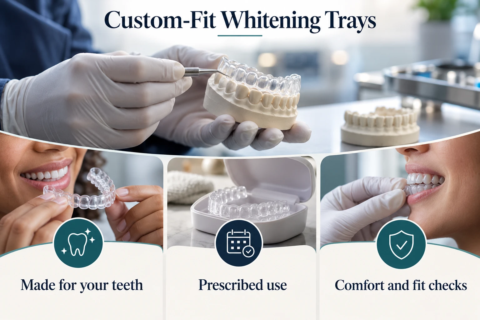 Custom-Fit Whitening Trays infographic: Made for your teeth; Prescribed use; Comfort and fit checks