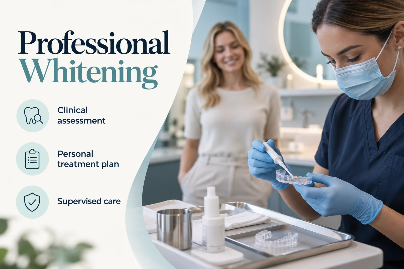 Professional Whitening infographic: Clinical assessment; Personal treatment plan; Supervised care