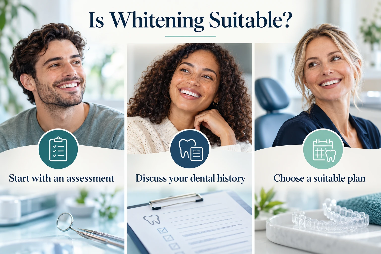 Is Whitening Suitable? infographic: Start with an assessment; Discuss your dental history; Choose a suitable plan