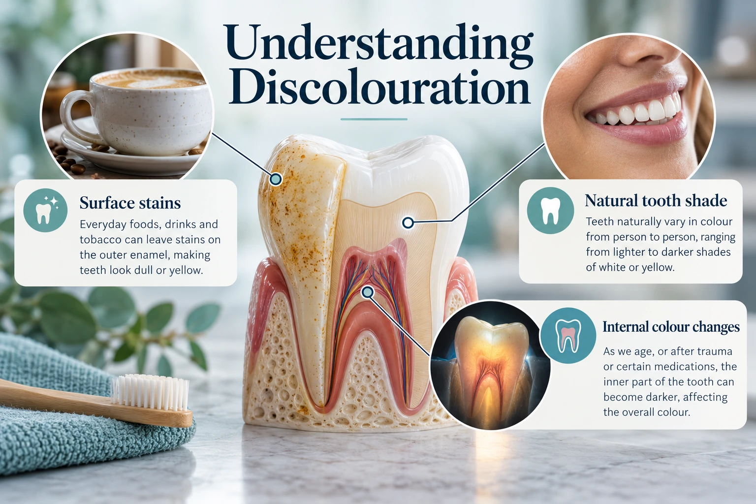 Understanding Discolouration infographic: Surface stains; Natural tooth shade; Internal colour changes