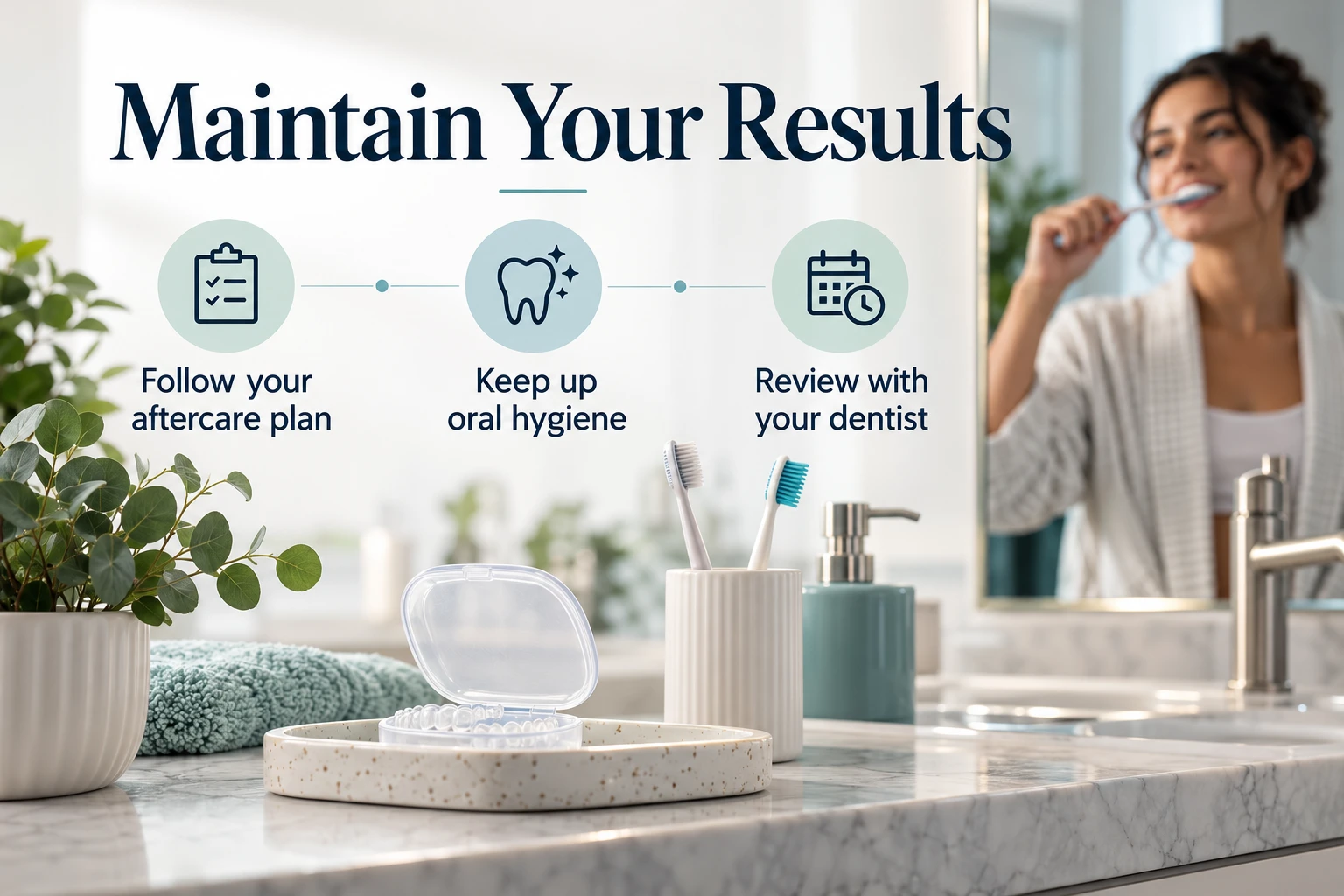 Maintain Your Results infographic: Follow your aftercare plan; Keep up oral hygiene; Review with your dentist