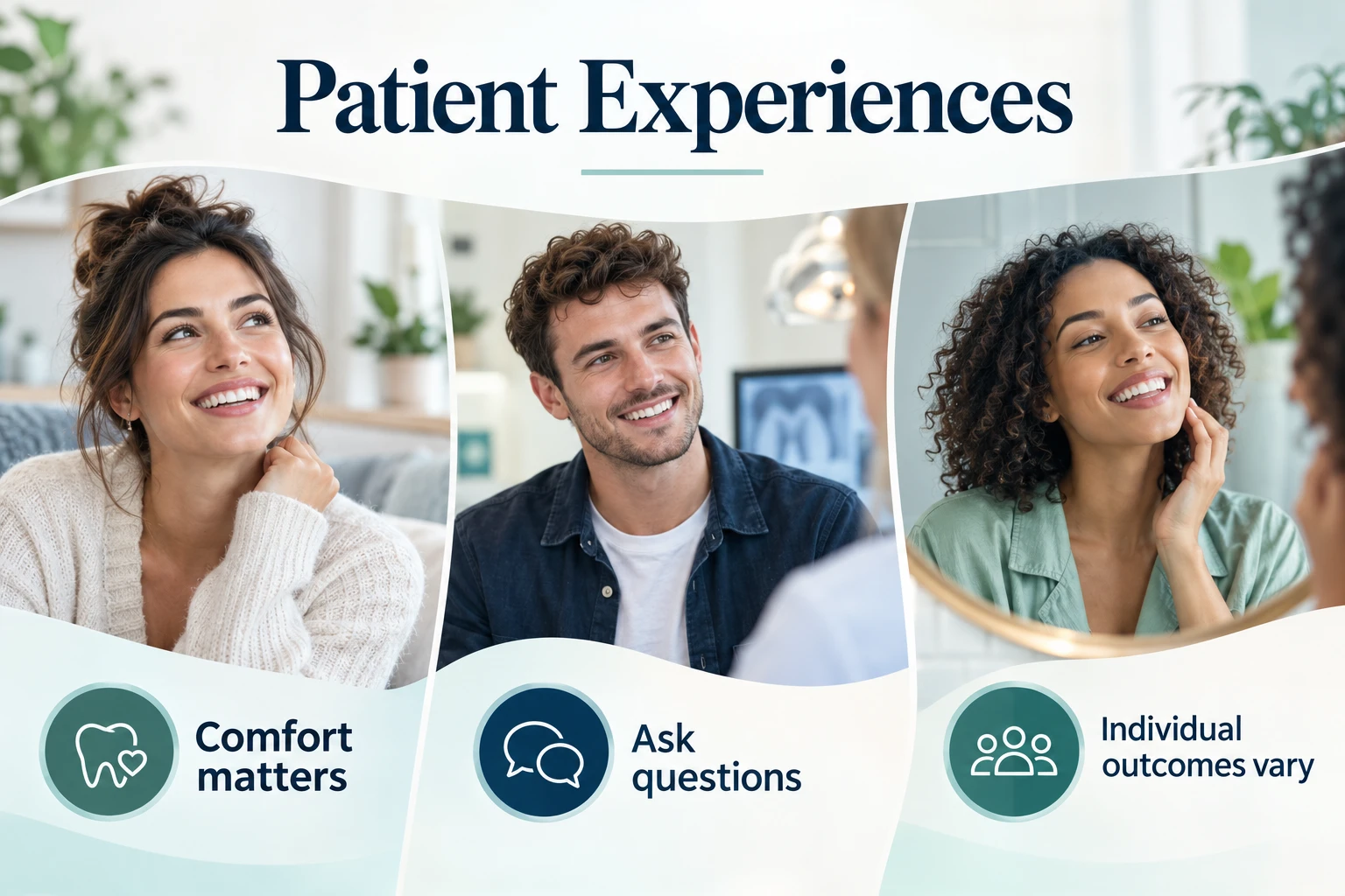 Patient Experiences infographic: Comfort matters; Ask questions; Individual outcomes vary
