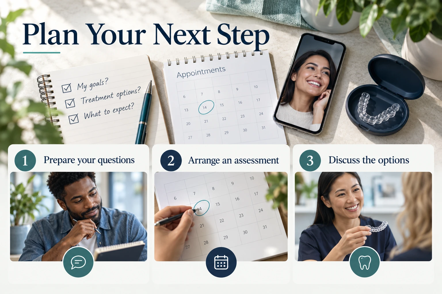 Plan Your Next Step infographic: Prepare your questions; Arrange an assessment; Discuss the options