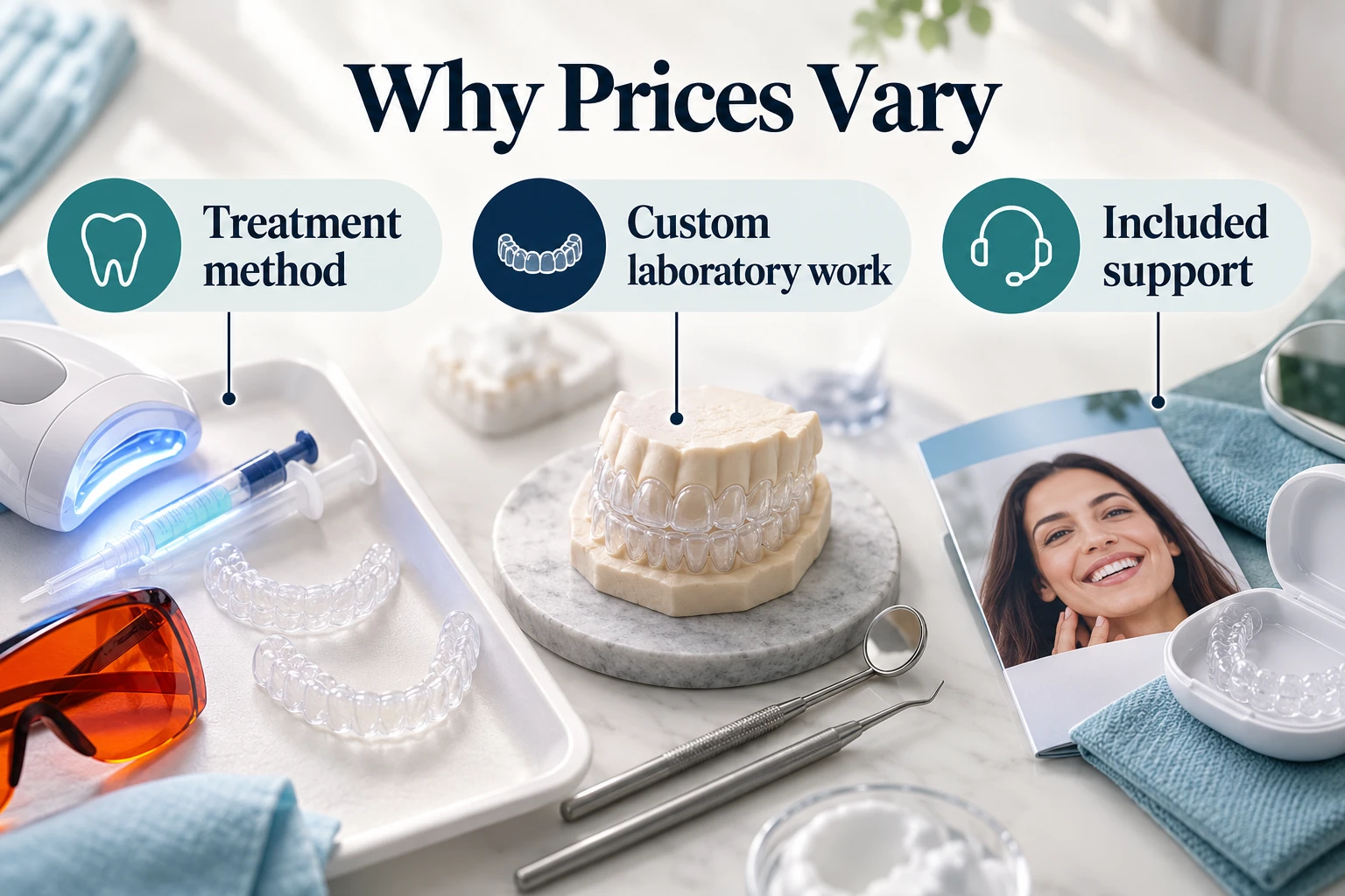 Why Prices Vary infographic: Treatment method; Custom laboratory work; Included support