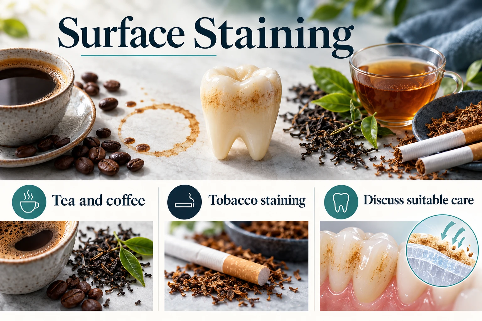 Surface Staining infographic: Tea and coffee; Tobacco staining; Discuss suitable care