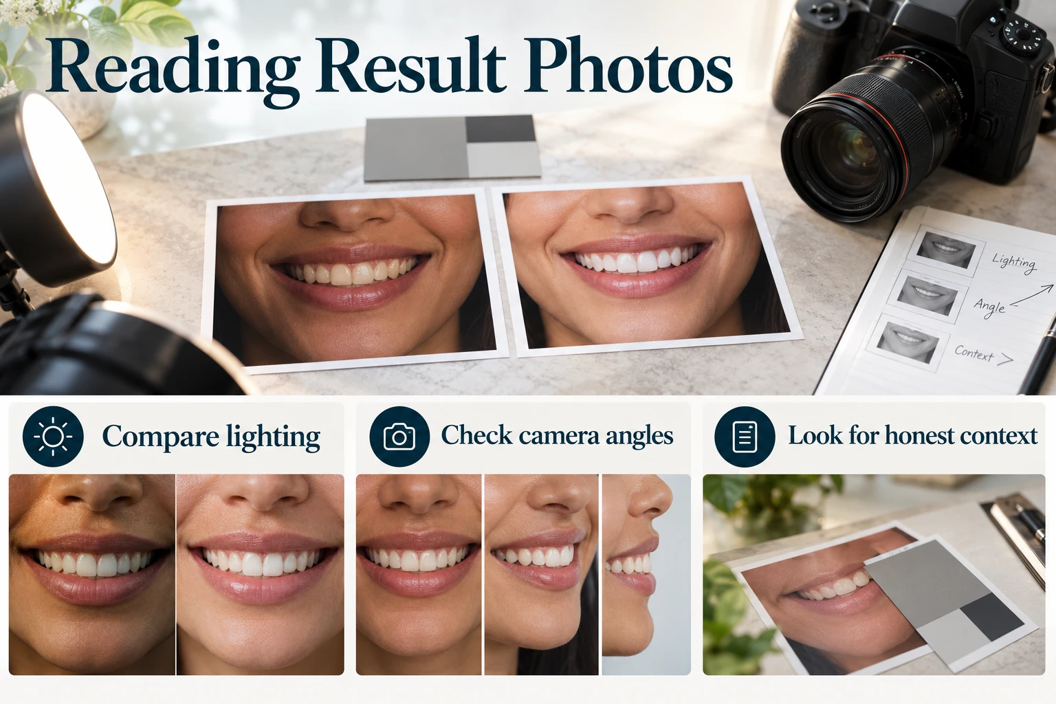 Reading Result Photos infographic: Compare lighting; Check camera angles; Look for honest context