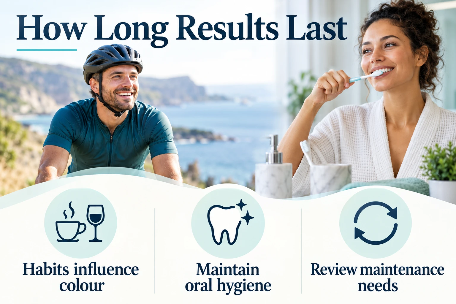 How Long Results Last infographic: Habits influence colour; Maintain oral hygiene; Review maintenance needs