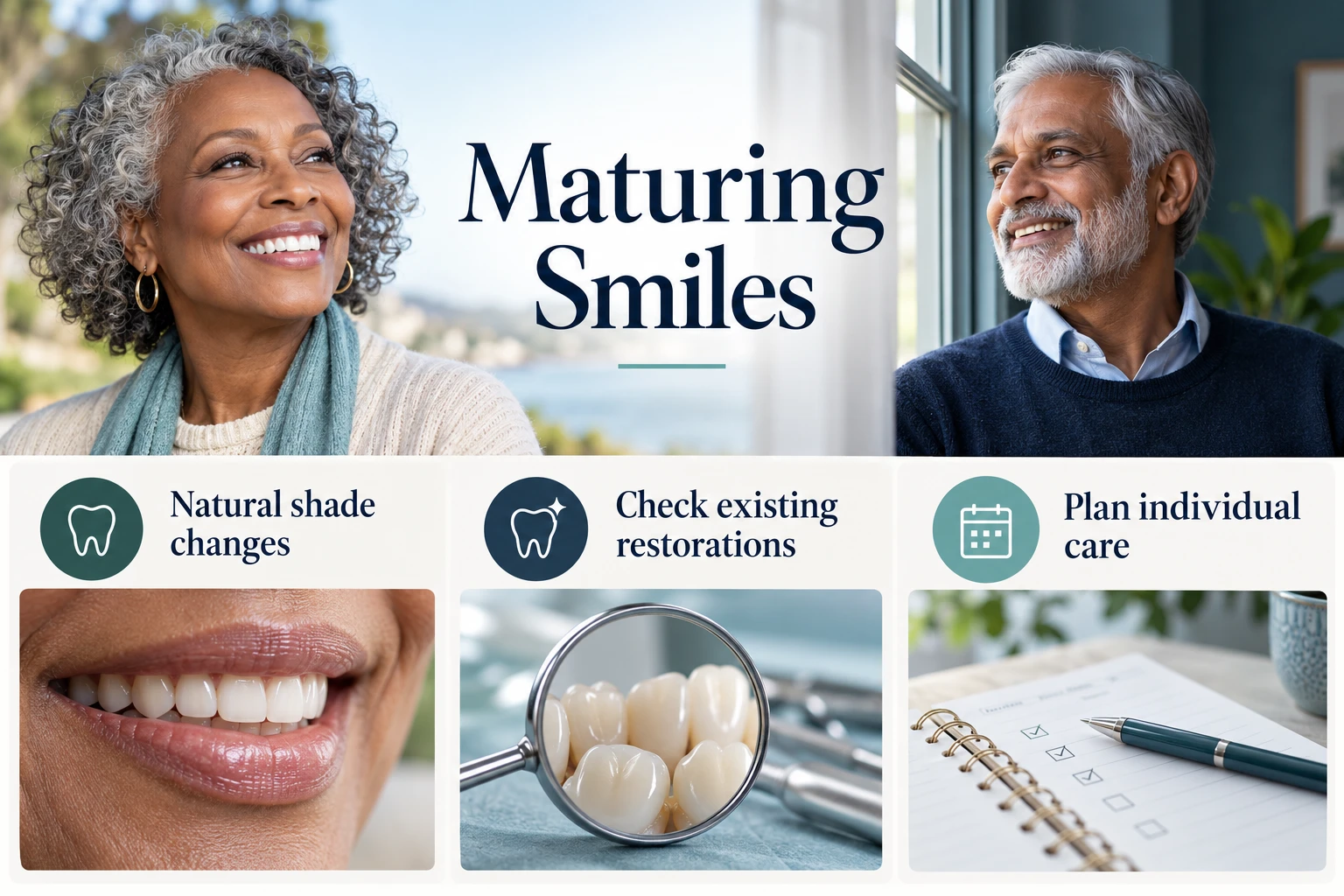 Maturing Smiles infographic: Natural shade changes; Check existing restorations; Plan individual care