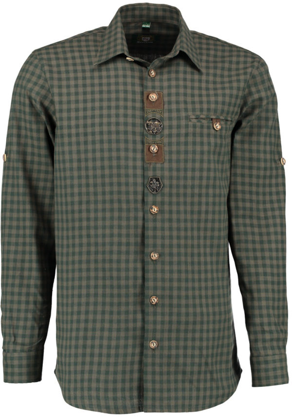 men's checkered shirt in shades of green with metal front decoration in image of boar head