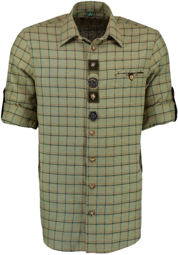 Men's Trachten Shirt Olive Green Plaid with Boar Head Placket Detail - Image 3