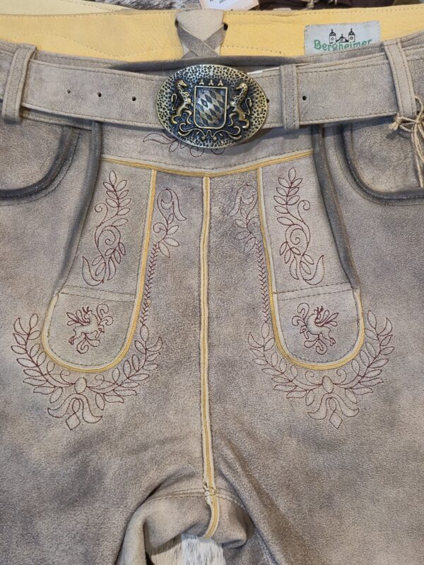 Men's Lederhosen Warm Grey with Burgundy Stitching - Image 3