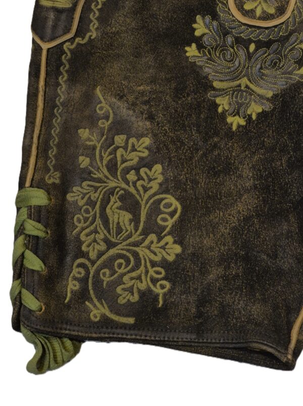 Men's Lederhosen Dark Brown with Green Stitching - Image 4