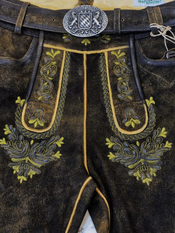 Men's Lederhosen Dark Brown with Green Stitching - Image 2