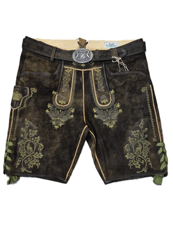 Men's Lederhosen Dark Brown with Green Stitching