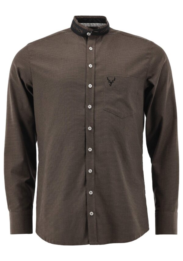 Men's Slim Fit Micro-Check Cutaway Collar Shirt Mid-Brown and Black