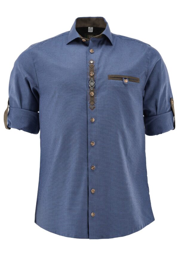 Men's Trachten Shirt Micro Check with Placket Trim & Convertible Sleeve Grey Regular Fit - Image 5