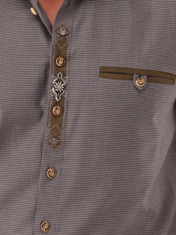 Men's Trachten Shirt Micro Check with Placket Trim & Convertible Sleeve Grey Regular Fit - Image 3