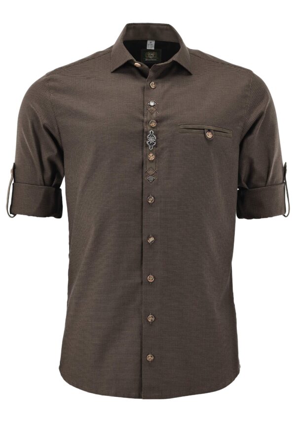Men's Trachten Shirt Micro Check with Placket Trim & Convertible Sleeve Grey Regular Fit - Image 4