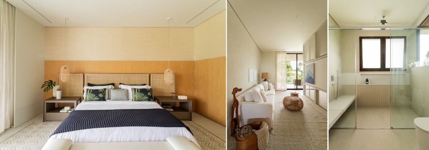 De medidas generosas e muito bem aproveitadas, a suíte master conta com uma divisória tipo veneziana que, sutilmente, separa a área da cama do living íntimo, que ao ser rotacionada, atende a ambos os ambientes. No banho master, o clima é de spa com duas generosas bancadas e a banheira que ocupa o trecho central | Projeto: Patricia Penna Arquitetura & Design| Fotos: Leandro Moraes