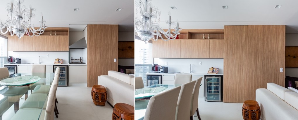 Acompanhando o estilo da marcenaria que implementou nesse apartamento, na varanda gourmet a arquiteta Daniela Funari inclui uma porta de correr para ocultar a churrasqueira | FOTOS: Mariana Camargo