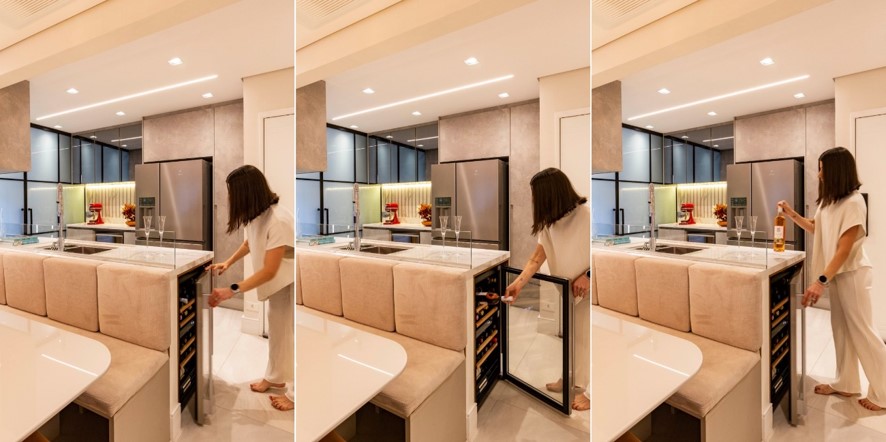 “Ao lado da mesa, a localização do equipamento deixar a degustação dos rótulos ainda mais interessante para os moradores e seus convidados”, avalia a arquiteta Daniela Funari | FOTOS: Mariana Camargo