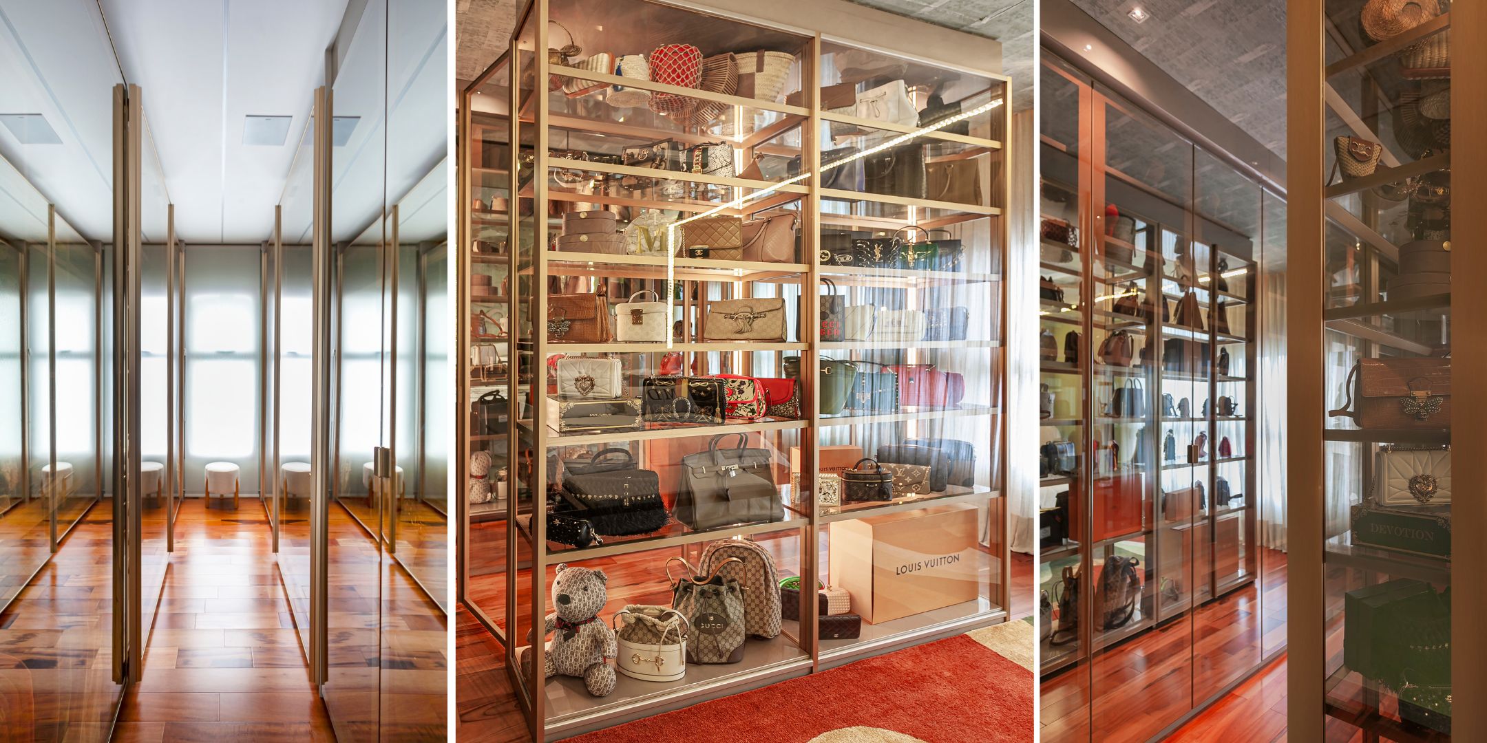 Amplo e organizado como uma boutique particular, o closet senhora executado pela arquiteta Cristiane Schiavoni denota a experiência de uma vitrine onde é possível visualizar os itens pessoais em função dos armários com vidro reflecta | Fotos: Carlos Piratininga