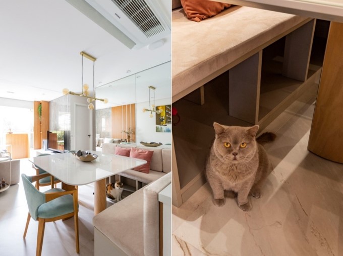 Qual gato não gosta de achar o lugar para ser sua toca? Nesta sala de jantar, a arquiteta Daniela Funari uniu o útil ao agradável: ao invés de transformar o banco alemão em baú, ela destinou os vãos para os felinos da família se acomodarem no espaço | FOTOS: Mariana Camargo