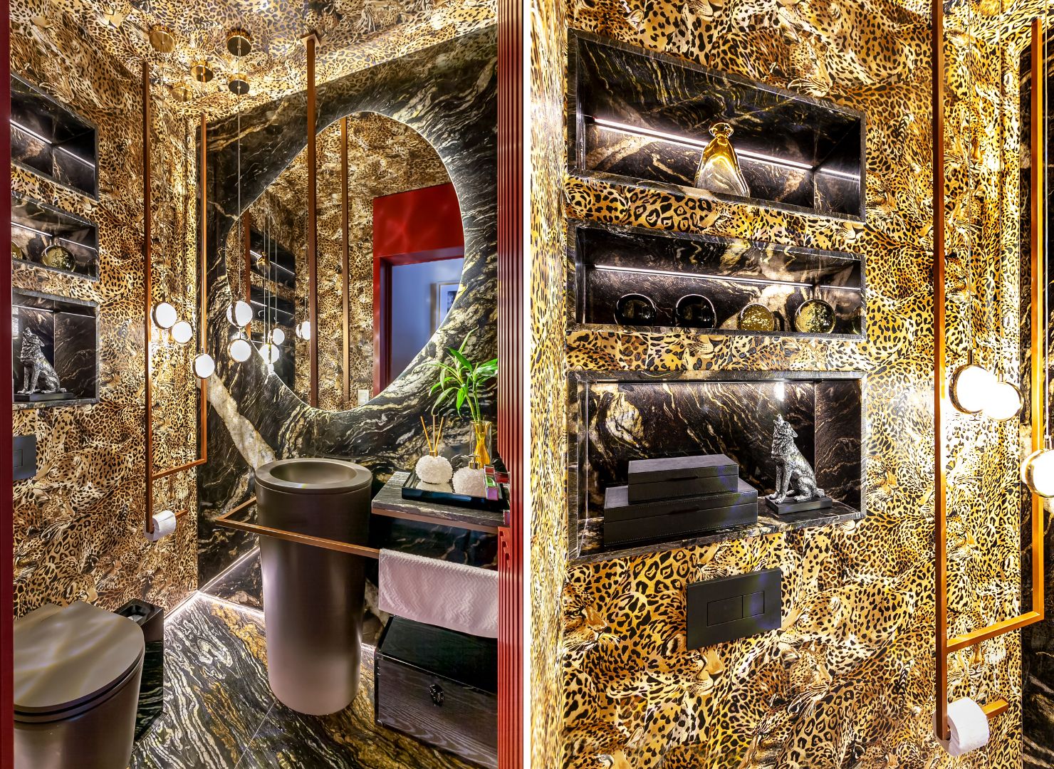 Com a estampa by Dolce Gabana, a reprodução da pele de onça é acompanhada pelo design arrojado da cuba de piso e a torneira que desce do teto. “O dourado entregou uma associação que ficou maravilhosa”, declara a arquiteta Cristiane Schiavoni | Fotos: Carlos Piratininga