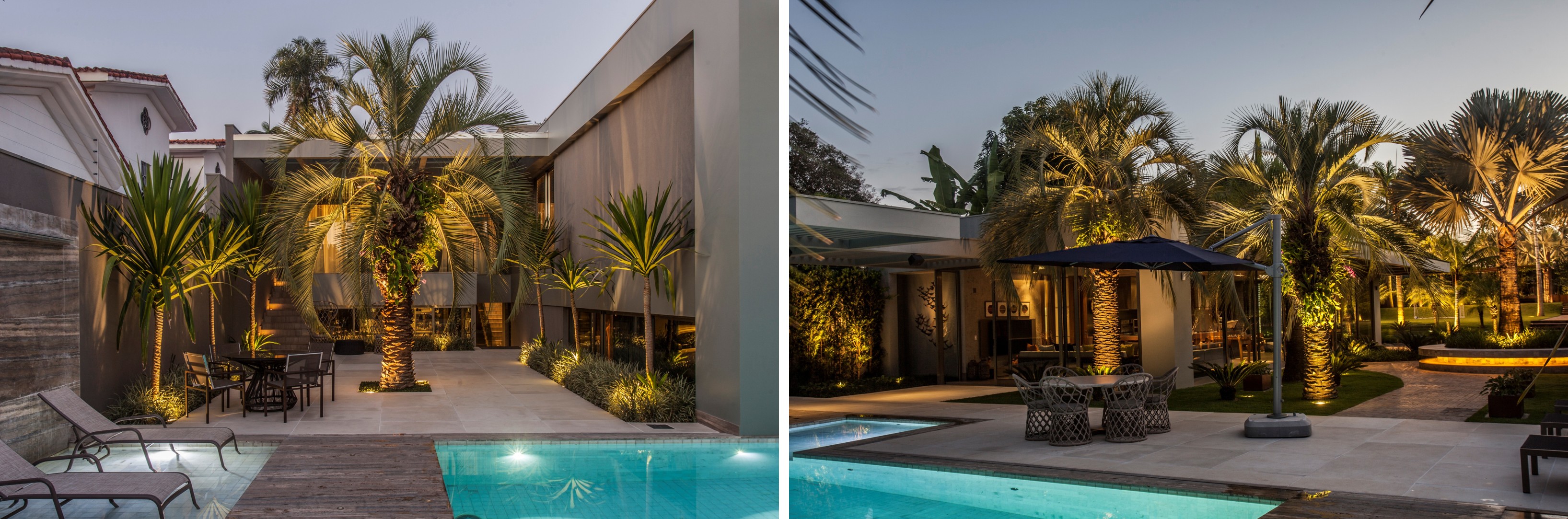 Próximo à piscina, o paisagismo aposta em palmeiras esculturais, folhagens ornamentais e iluminação direcionada para criar um ambiente fresco e integrado à natureza | Paisagismo de Depieri Paisagismo | Arquitetura de Denise Zuba Arquitetos | Fotos: Clausem Bonifacio