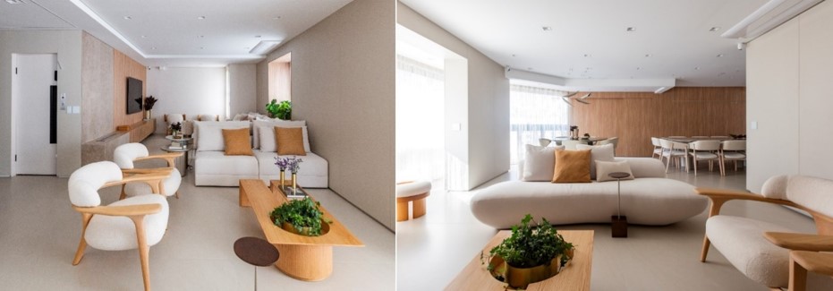 Com a superfície macia e volumosa do tecido bouclé que reveste o par de poltronas, o sofá curvo e o modular, disposto na posição oposta, incentivam encontros e conversas. De madeira, a mesa de centro eleita para arquiteta Daniela Funari ancora o conjunto | FOTOS: Mariana Camargo